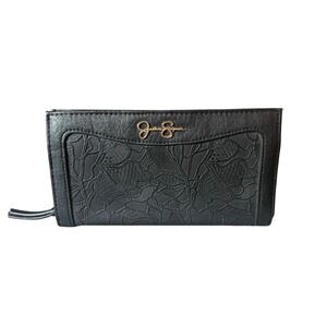 Jessica Simpson Black Floral Embossed Zip Around Wallet Wristlet Pouch